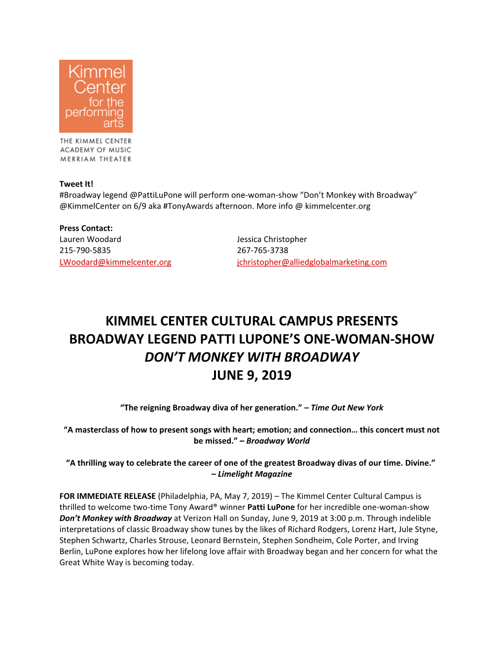 Kimmel Center Cultural Campus Presents Broadway Legend Patti Lupone’S One-Woman-Show Don’T Monkey with Broadway June 9, 2019