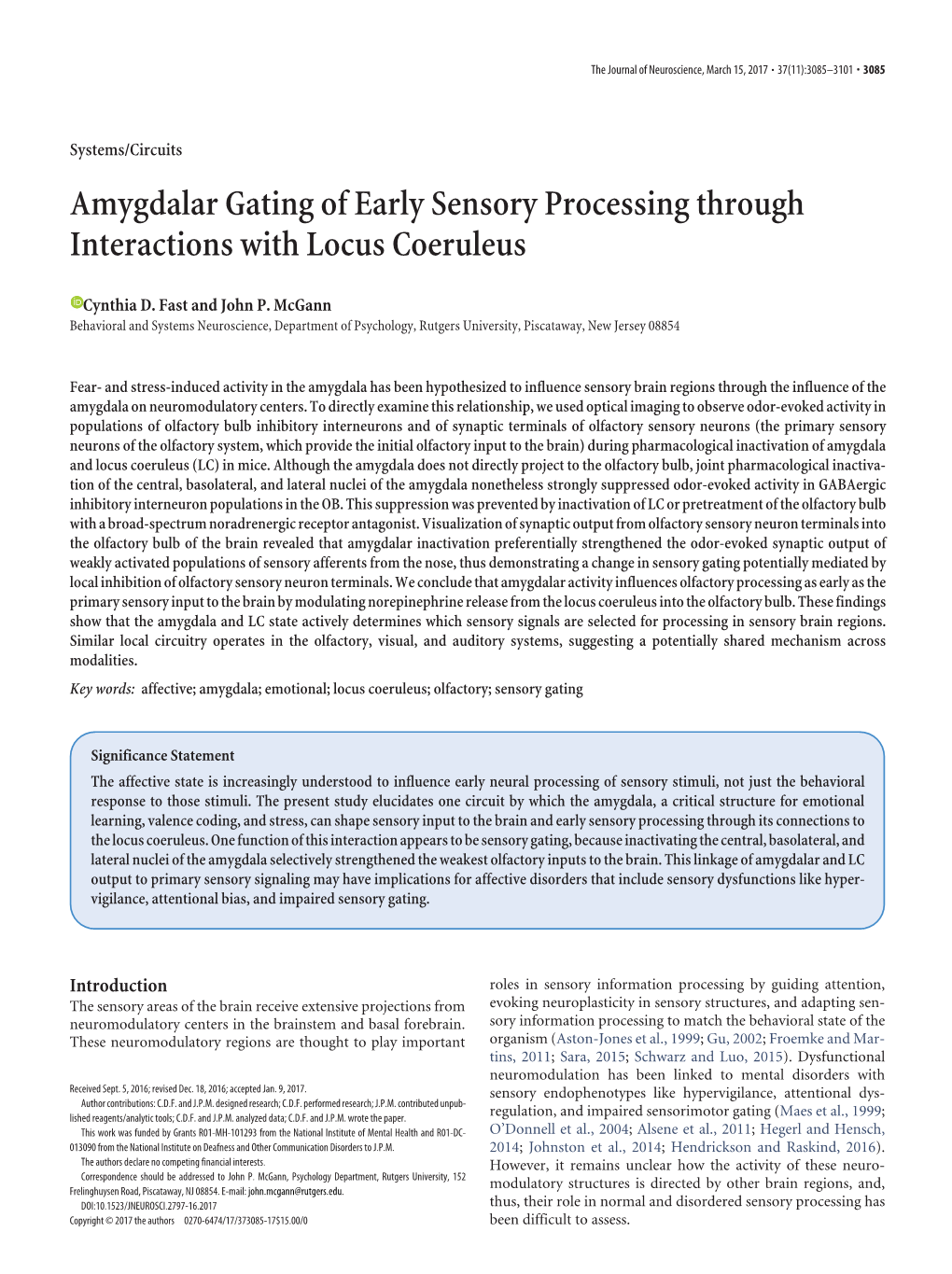 Amygdalar Gating of Early Sensory Processing Through Interactions with Locus Coeruleus