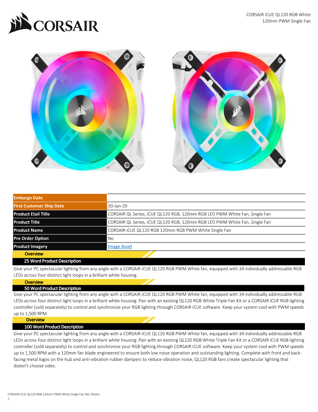 CORSAIR Icue QL120 RGB White 120Mm PWM Single Fan