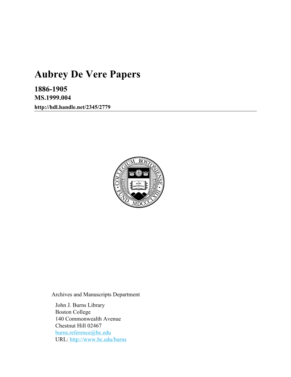 Aubrey De Vere Papers 1886-1905 MS.1999.004