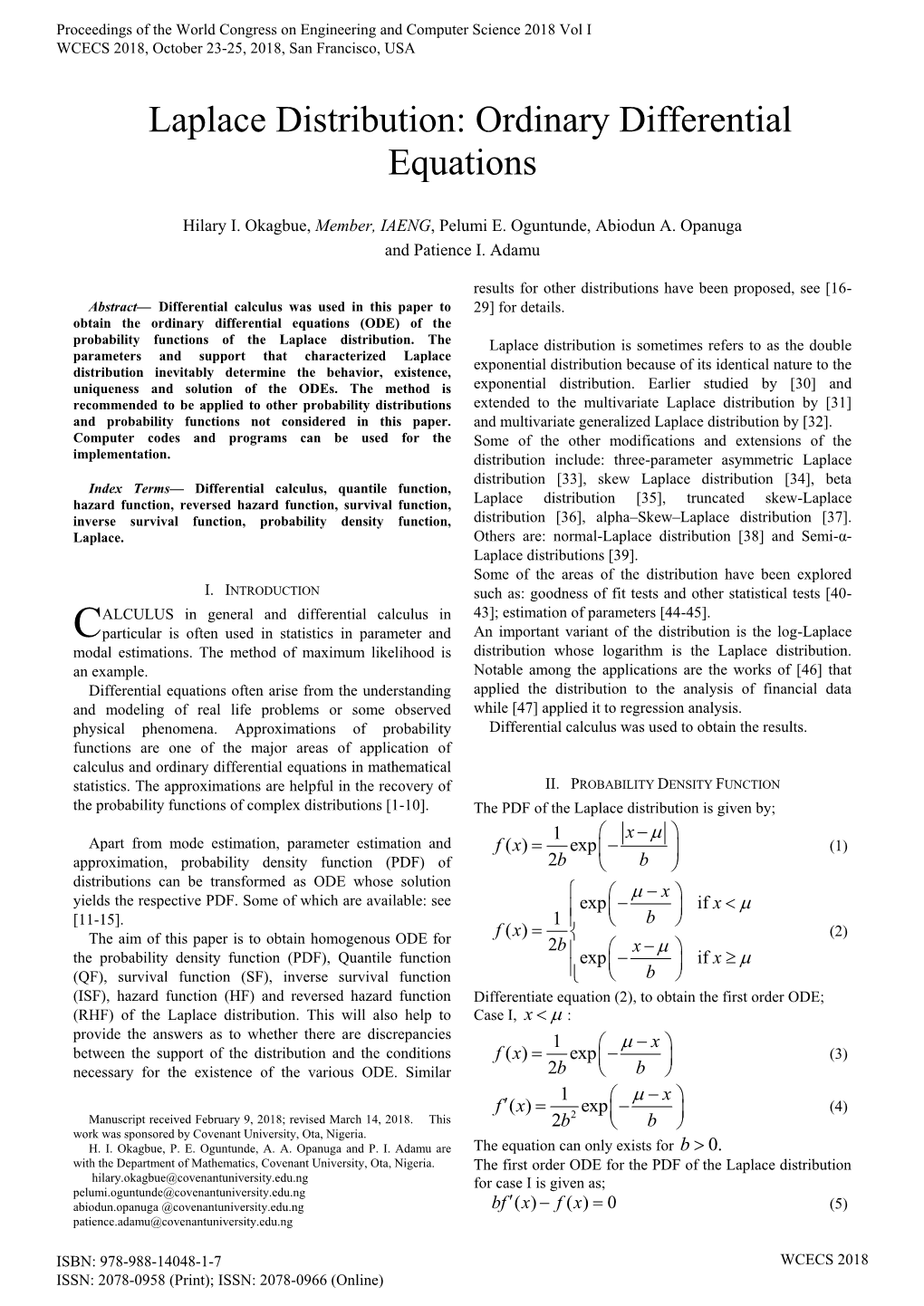 Laplace Distribution: Ordinary Differential Equations