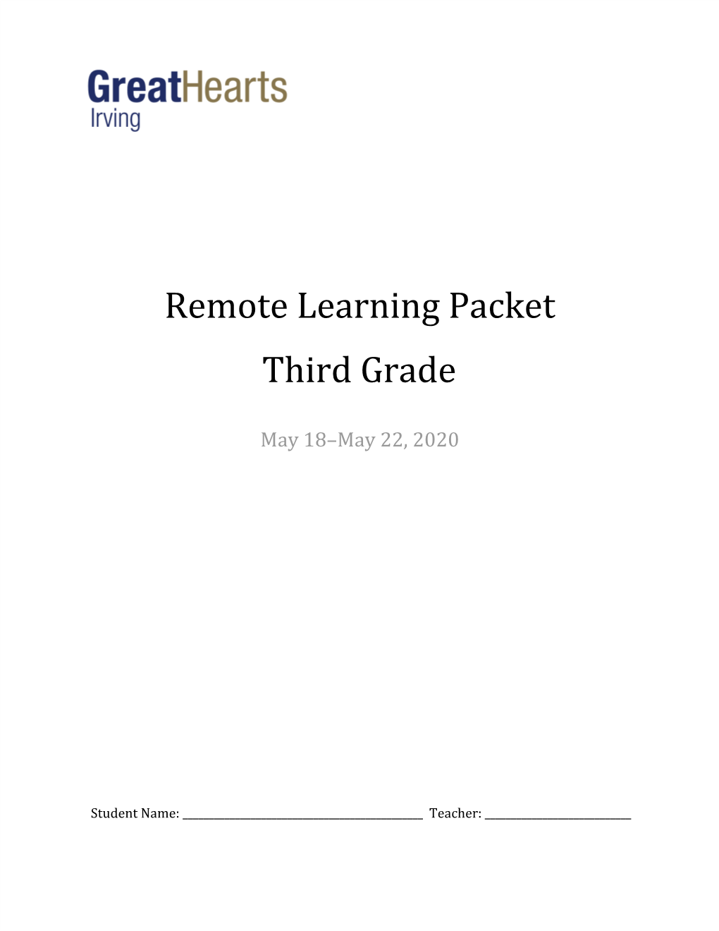 Remote Learning Packet Third Grade