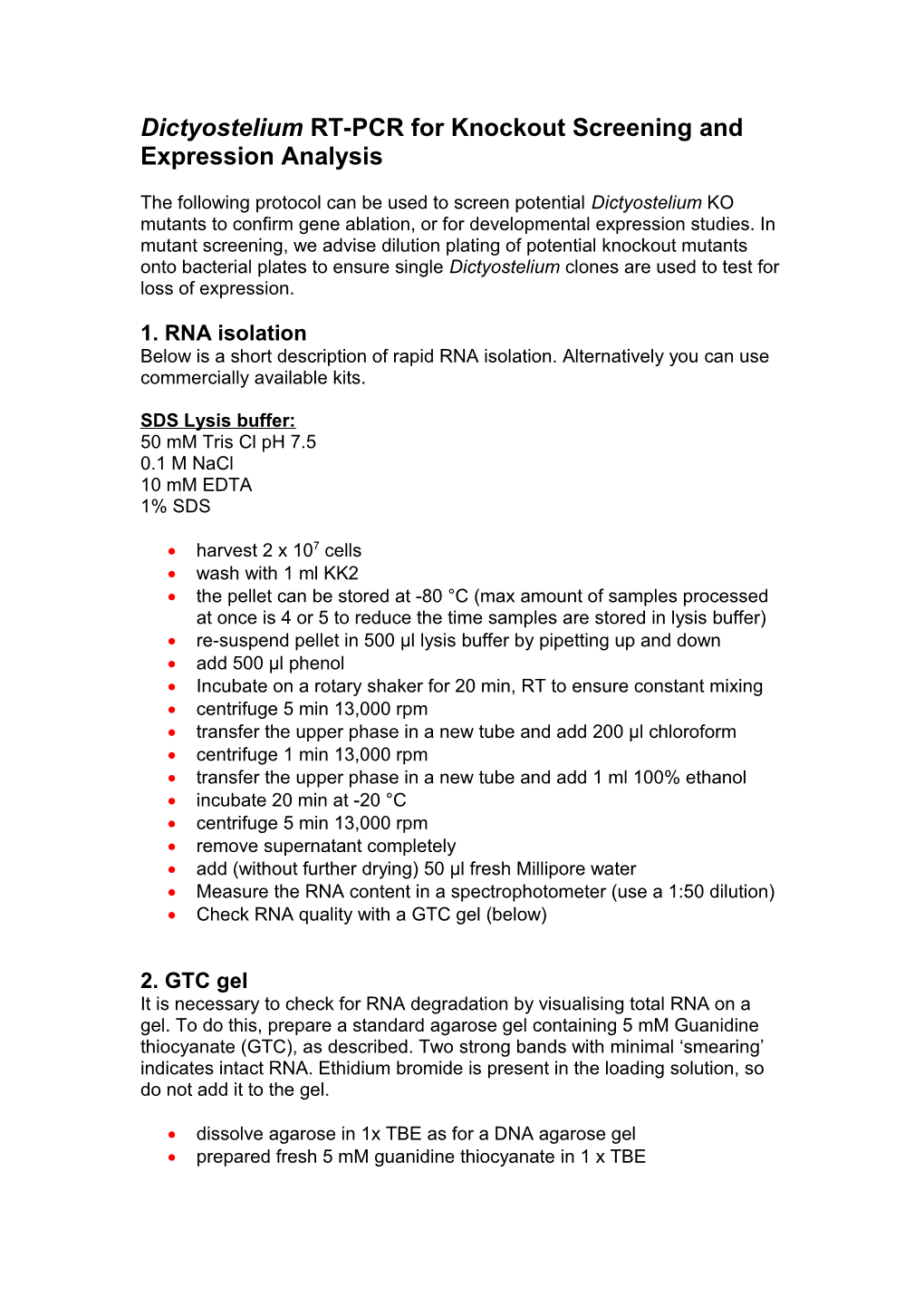 Dictyostelium RT-PCR for Knockout Screening and Expression Analysis