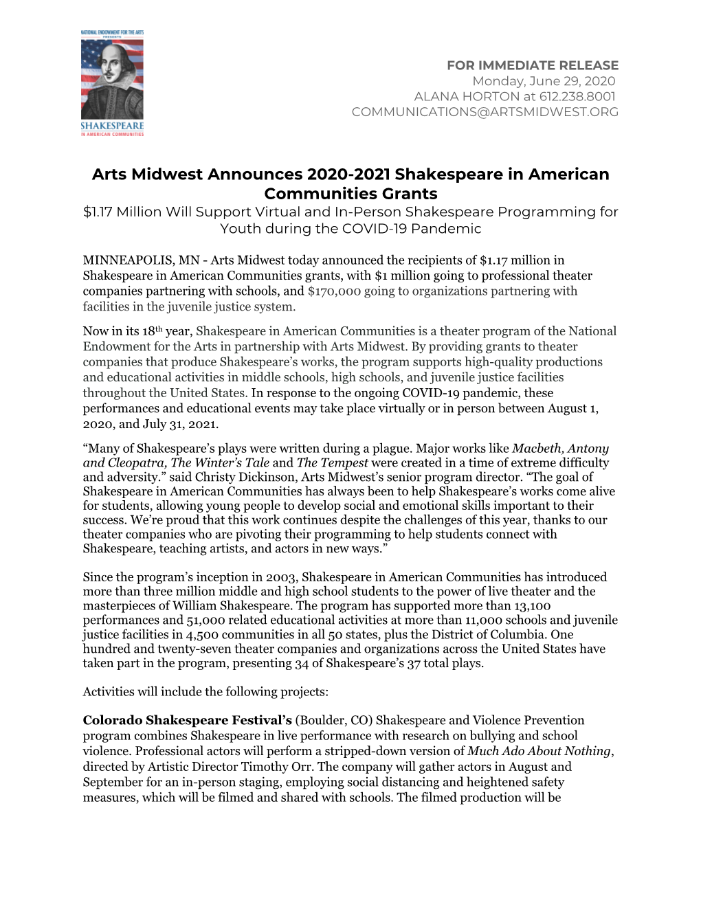 Arts Midwest Announces 2020-2021 Shakespeare in American