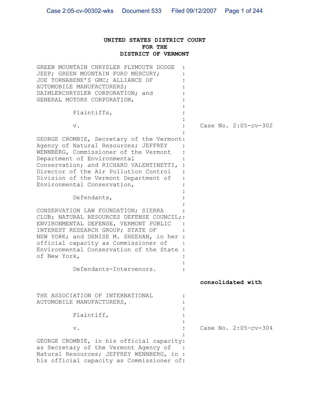 United States District Court for the District of Vermont