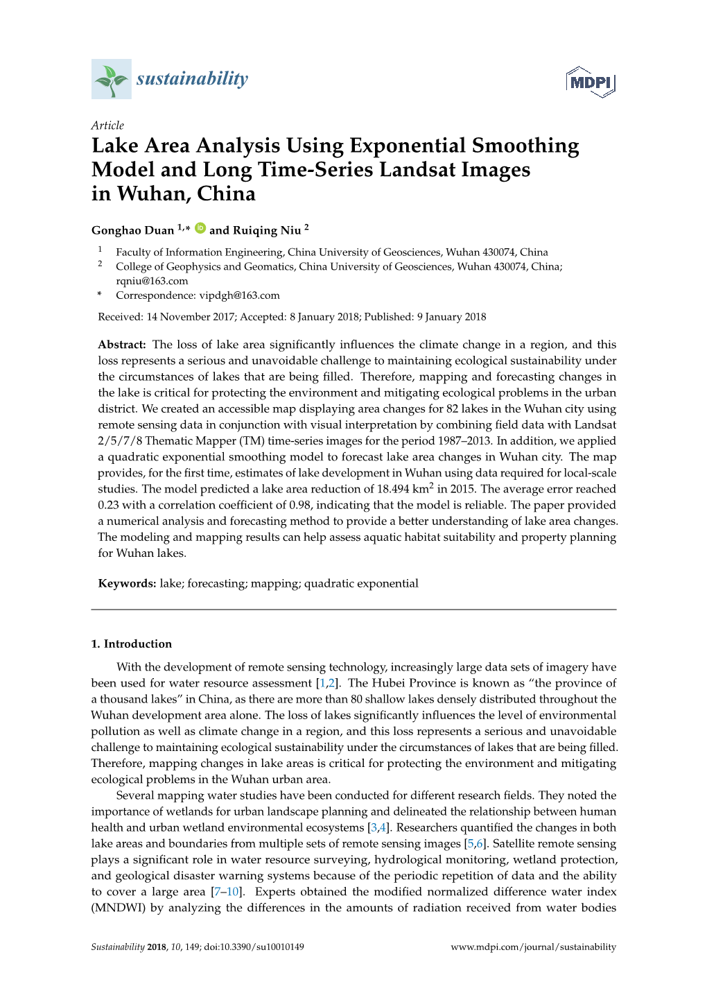 Lake Area Analysis Using Exponential Smoothing Model and Long Time-Series Landsat Images in Wuhan, China