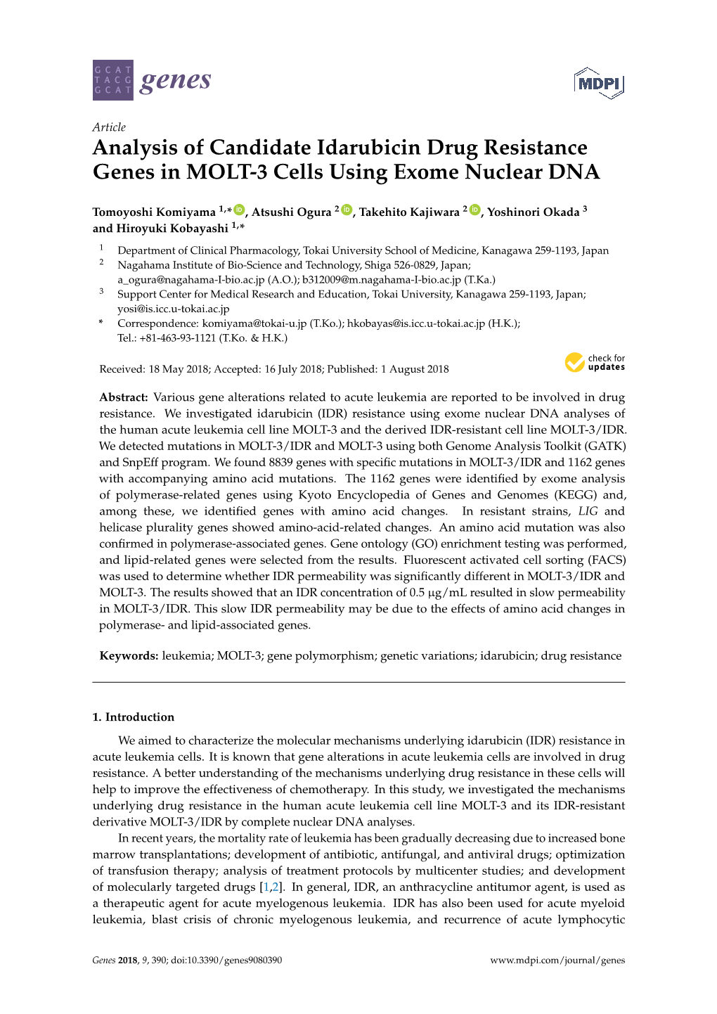 Analysis of Candidate Idarubicin Drug Resistance Genes in MOLT-3 Cells Using Exome Nuclear DNA