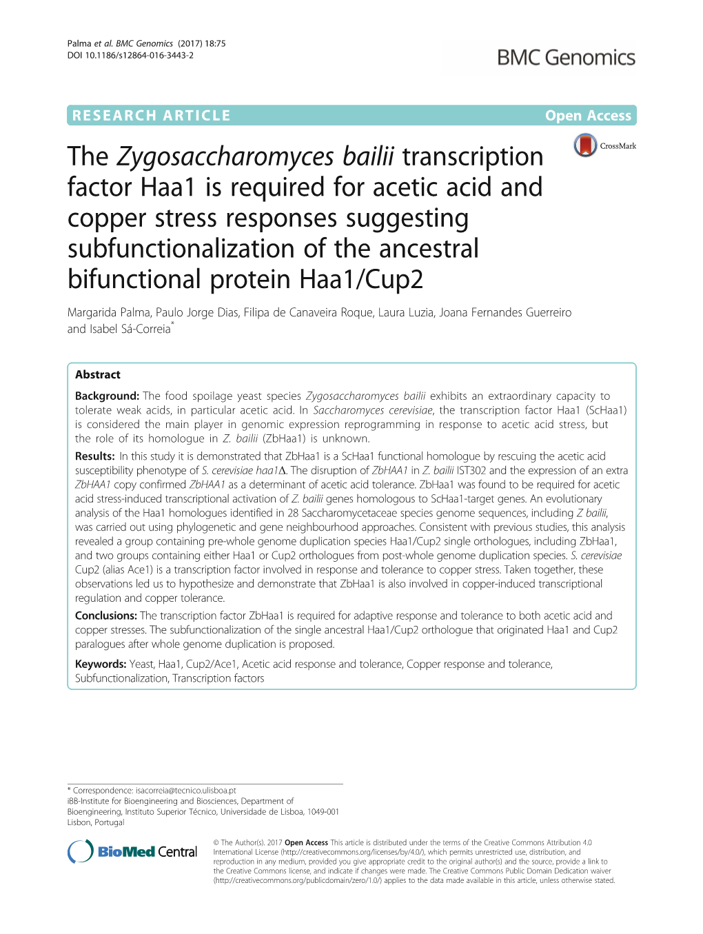 The Zygosaccharomyces Bailii Transcription Factor Haa1 Is Required for Acetic Acid and Copper Stress Responses Suggesting Subfun