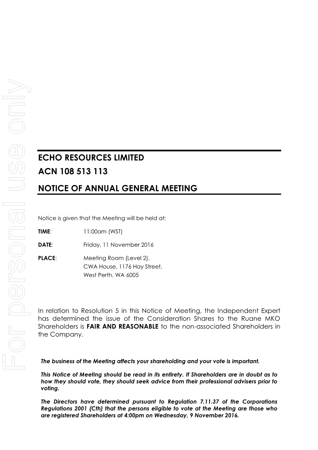 Echo Resources Limited Acn 108 513 113 Notice of Annual General Meeting