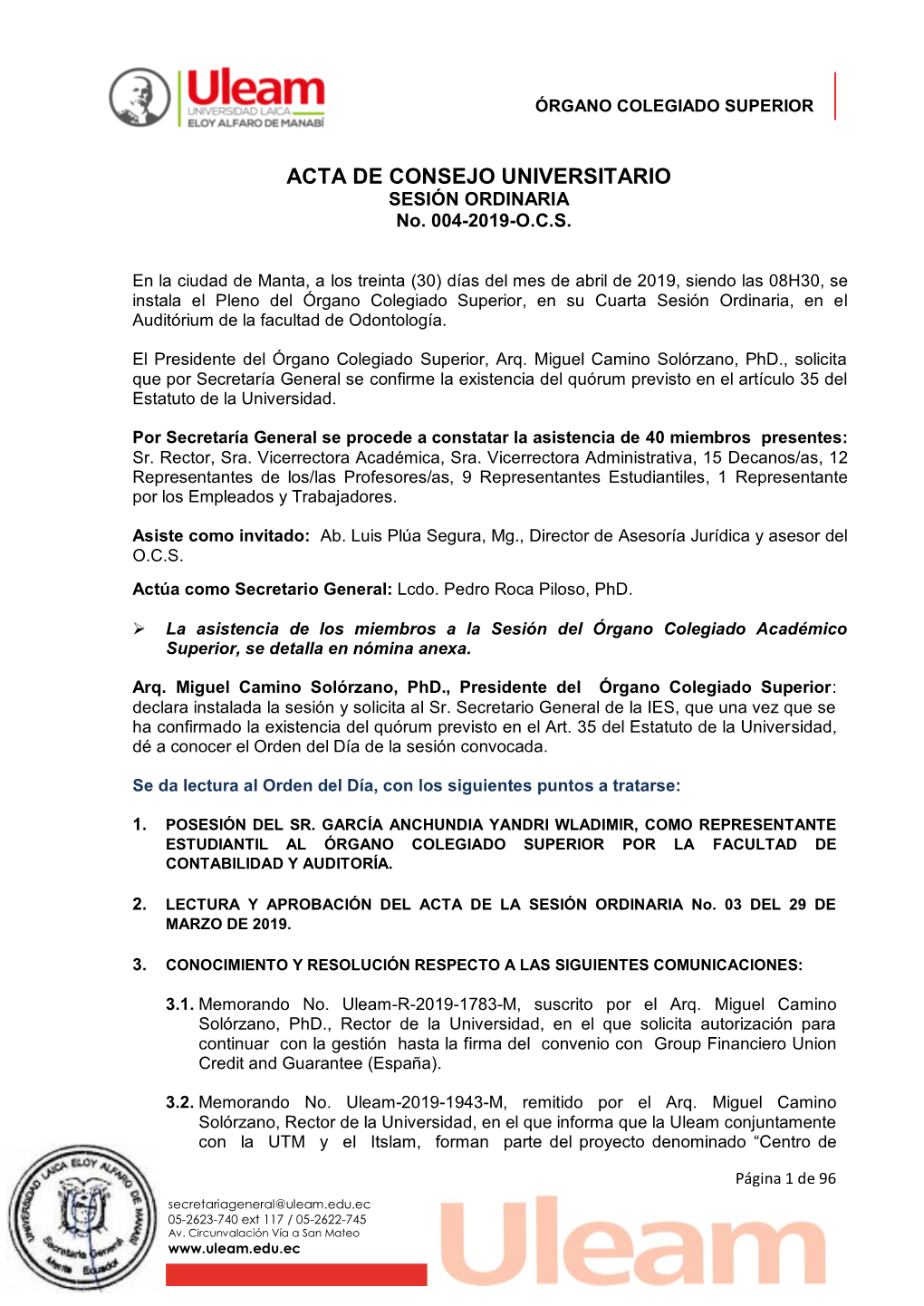 Acta De La Sesión Ordinaria 004 Del 30 De Abril De 2019