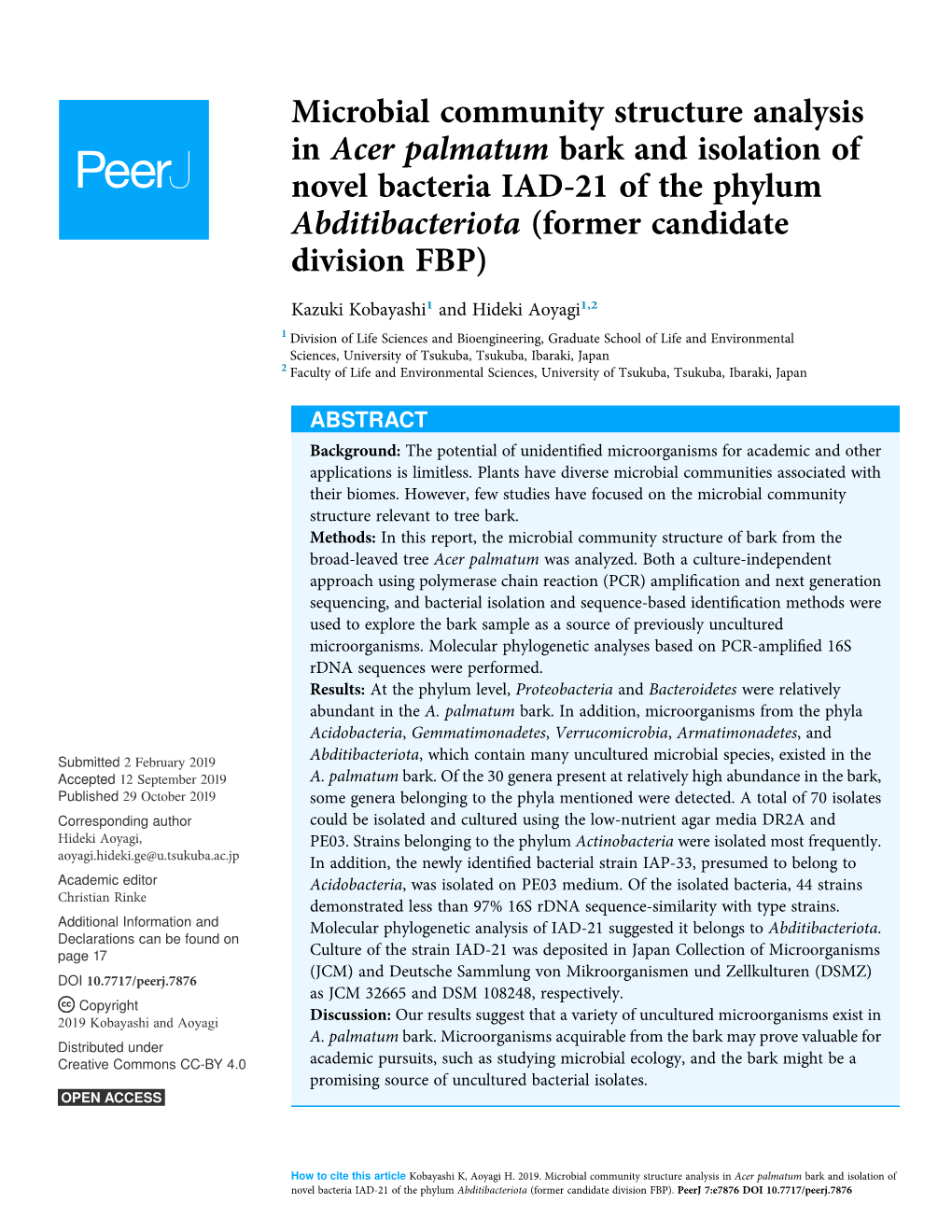 Microbial Community Structure Analysis in Acer Palmatum Bark and Isolation of Novel Bacteria IAD-21 of the Phylum Abditibacteriota (Former Candidate Division FBP)