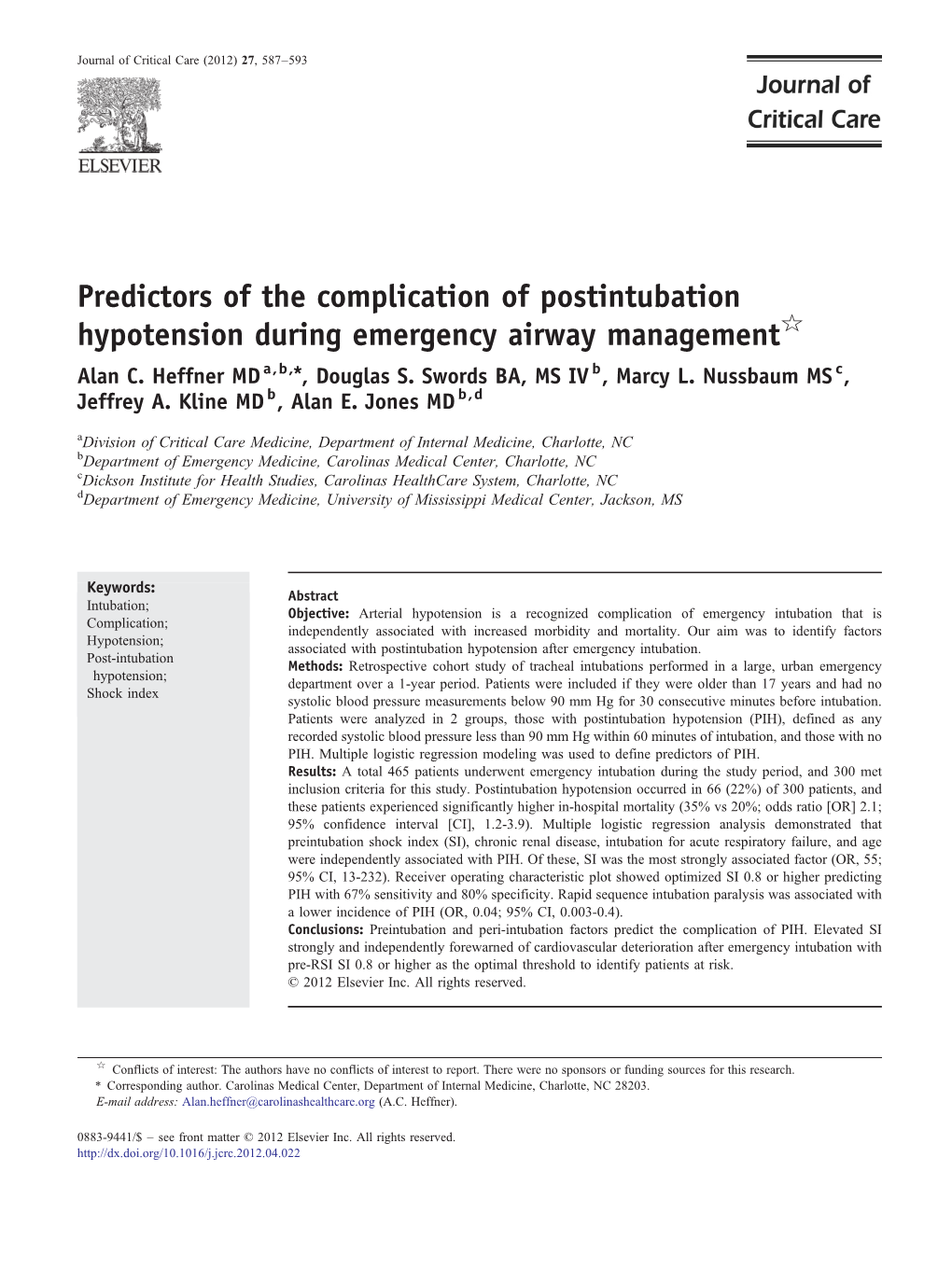 Predictors of the Complication of Postintubation Hypotension During Emergency Airway Management☆ Alan C
