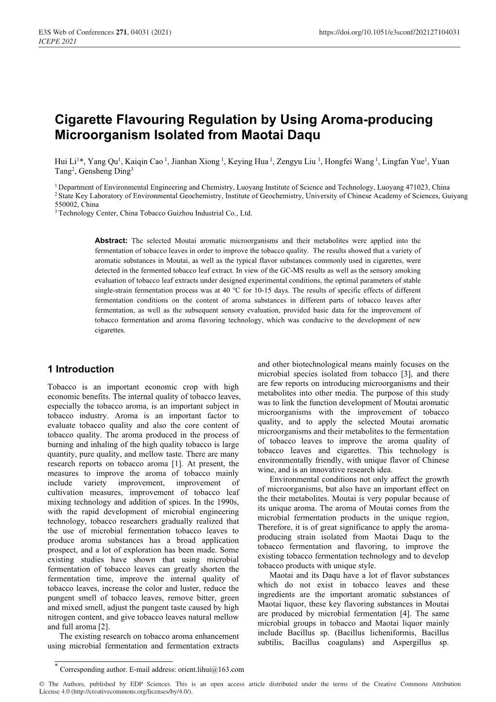 Cigarette Flavouring Regulation by Using Aroma-Producing Microorganism Isolated from Maotai Daqu