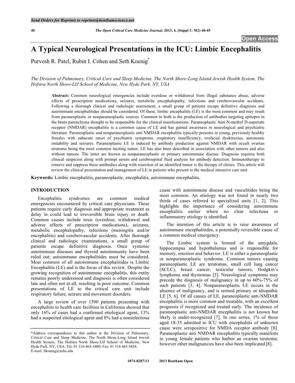 A Typical Neurological Presentations in the ICU: Limbic Encephalitis Purvesh R