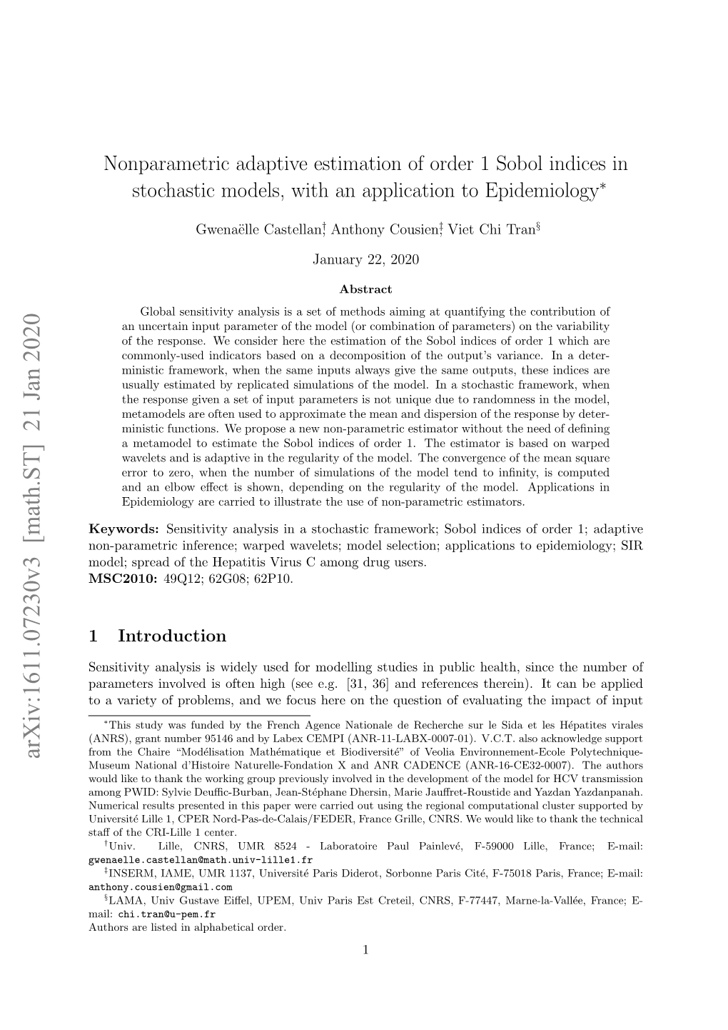 Nonparametric Adaptive Estimation of Order 1 Sobol Indices in Stochastic Models, with an Application to Epidemiology∗