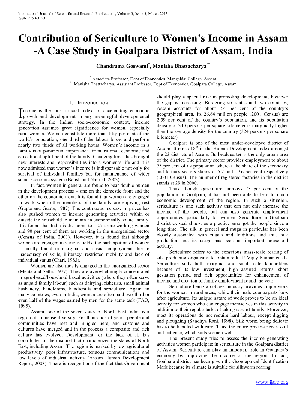 Contribution of Sericulture to Women's Income in Assam-A Case Study In