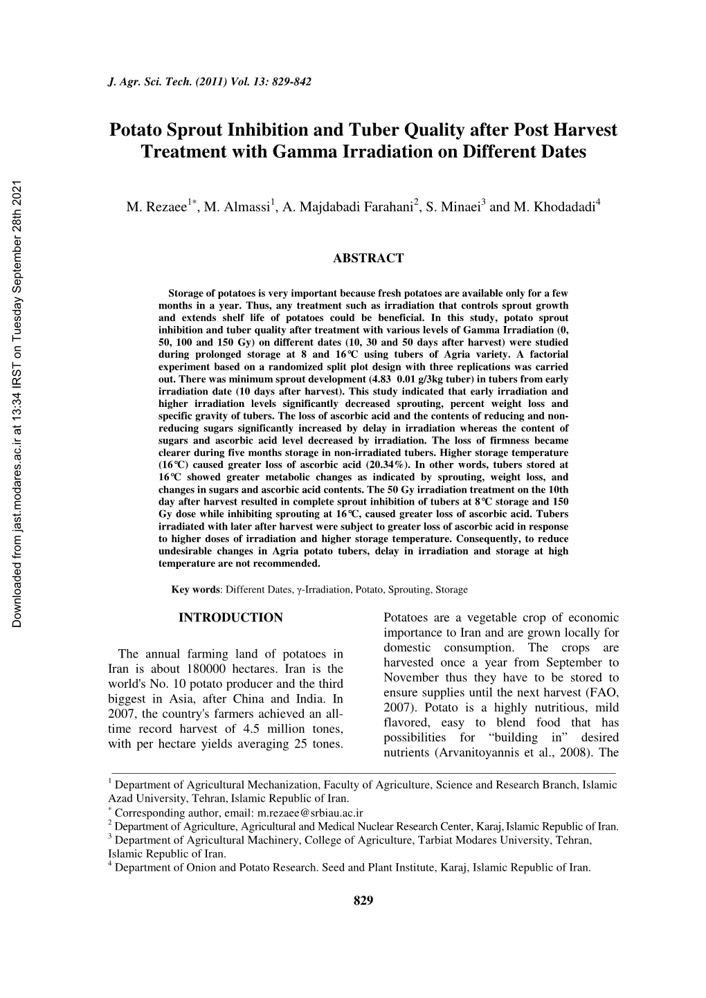 Potato Sprout Inhibition and Tuber Quality After Post Harvest Treatment with Gamma Irradiation on Different Dates