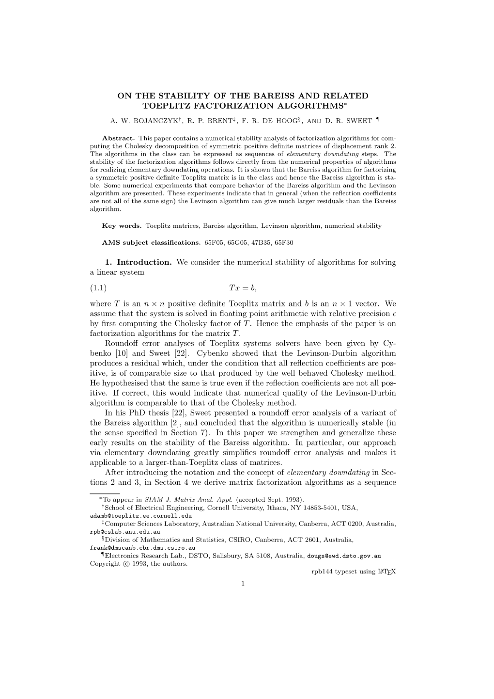 On the Stability of the Bareiss and Related Toeplitz Factorization Algorithms∗