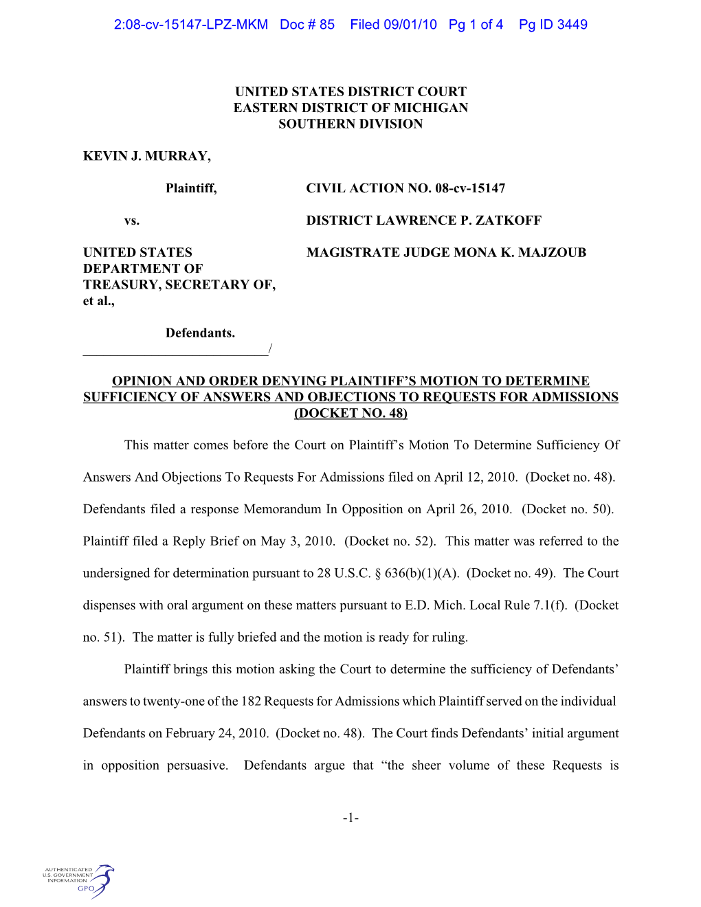 2:08-Cv-15147-LPZ-MKM Doc # 85 Filed 09/01/10 Pg 1 of 4 Pg ID 3449