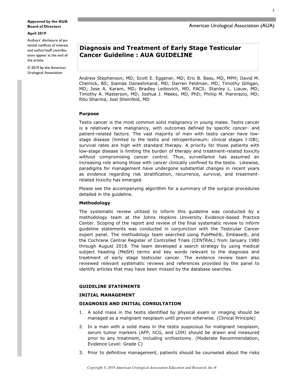 Diagnosis and Treatment of Early Stage Testicular Cancer Guideline