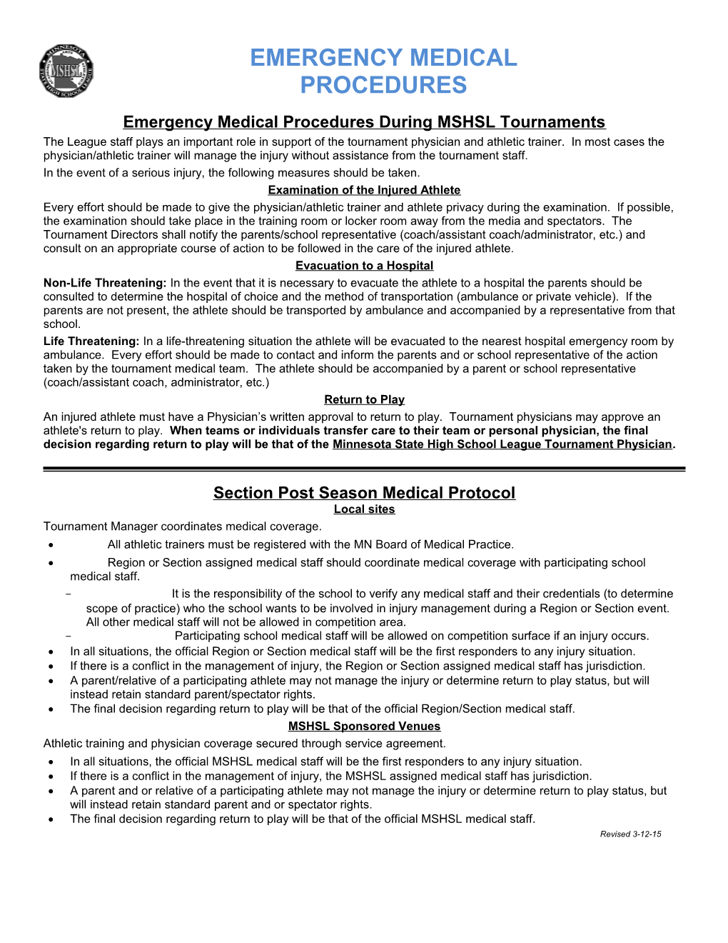 Emergency Medical Procedures During MSHSL Tournaments