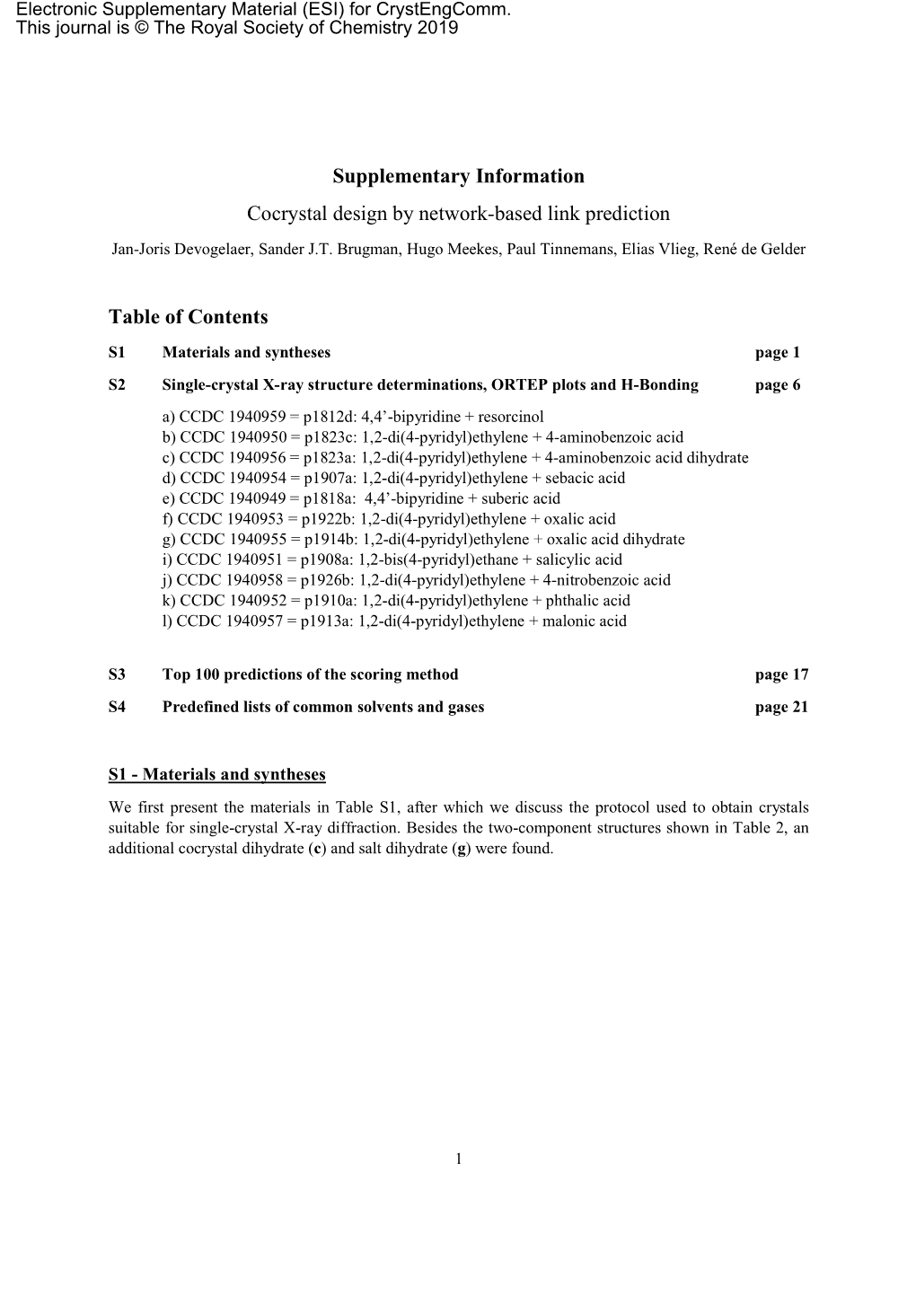 Supplementary Information Cocrystal Design by Network-Based Link Prediction