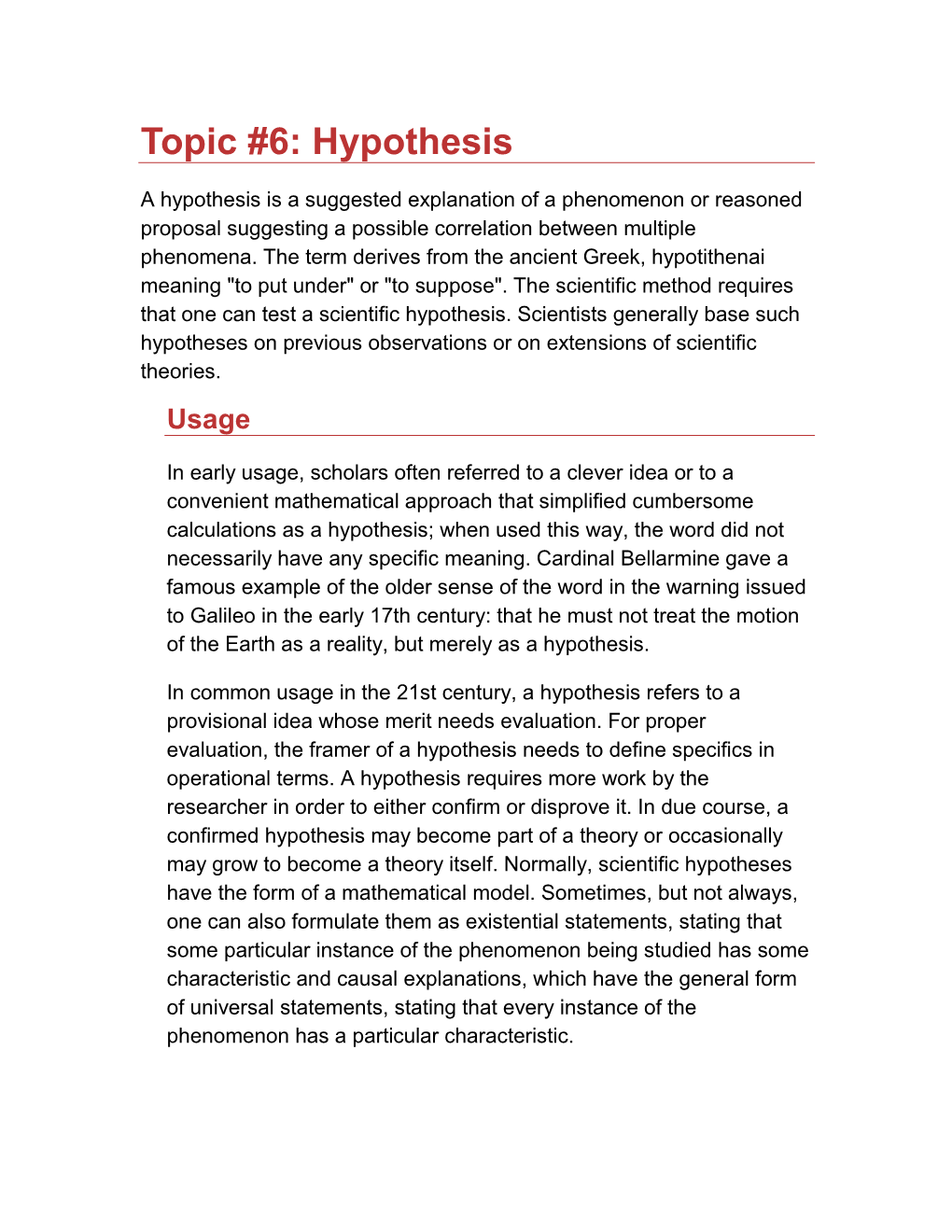 Topic #6: Hypothesis