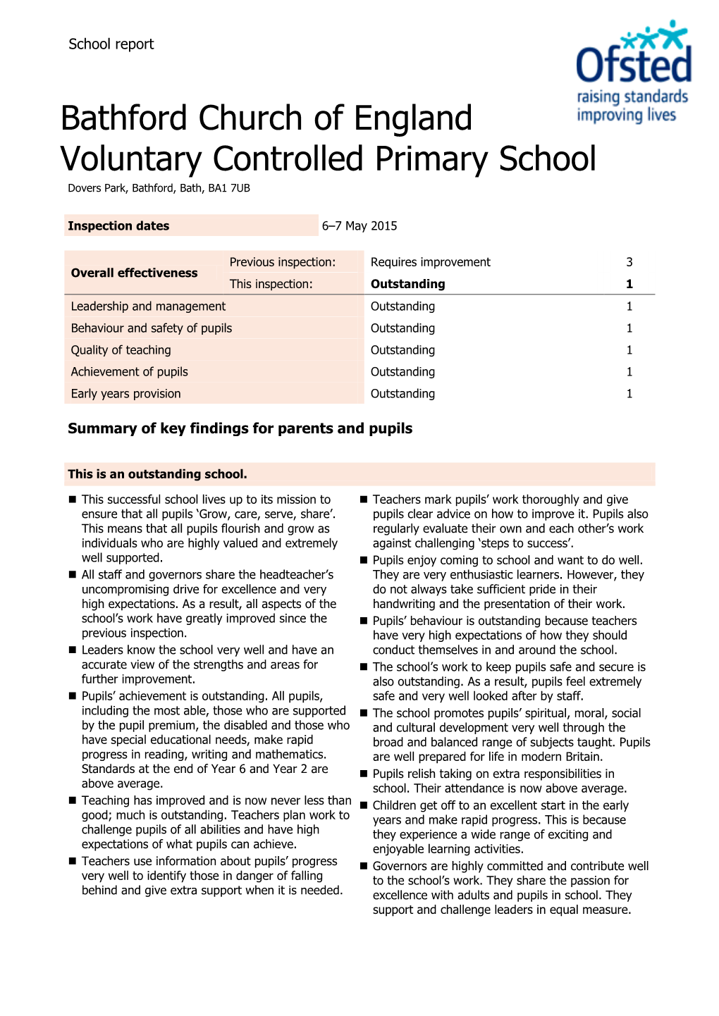 Bathford Church of England Voluntary Controlled Primary School Dovers Park, Bathford, Bath, BA1 7UB