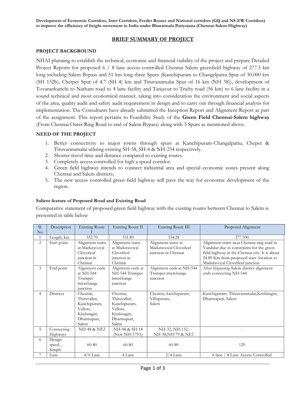 Page 1 of 3 BRIEF SUMMARY of PROJECT NHAI Planning to Establish the Technical, Economic and Financial Viability of the Project A