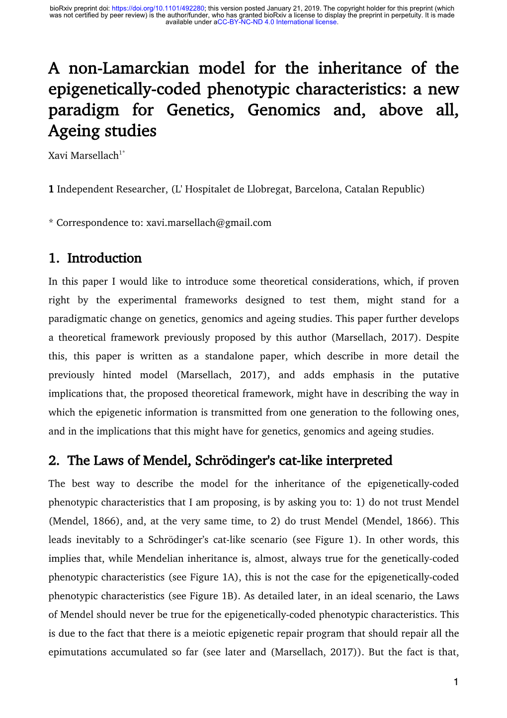 A Non-Lamarckian Model for the Inheritance of The