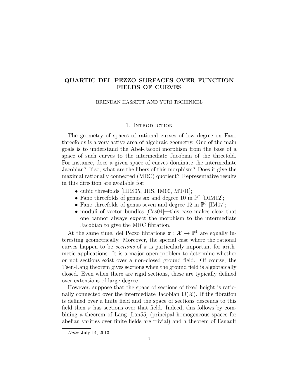 Quartic Del Pezzo Surfaces Over Function Fields of Curves