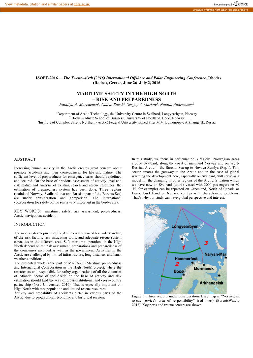 MARITIME SAFETY in the HIGH NORTH – RISK and PREPAREDNESS Nataliya A