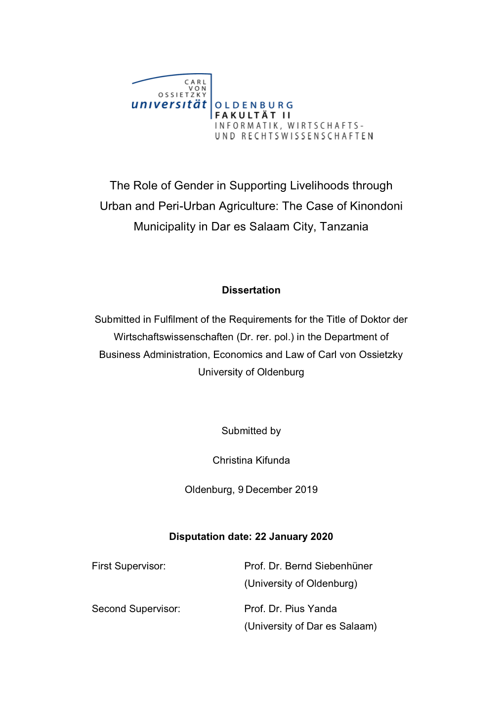 The Role of Gender in Supporting Livelihoods Through Urban and Peri-Urban Agriculture: the Case of Kinondoni Municipality in Dar Es Salaam City, Tanzania