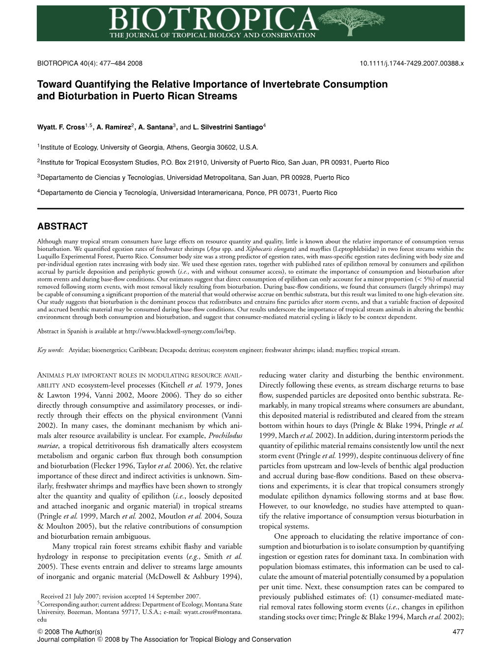 Toward Quantifying the Relative Importance of Invertebrate Consumption and Bioturbation in Puerto Rican Streams