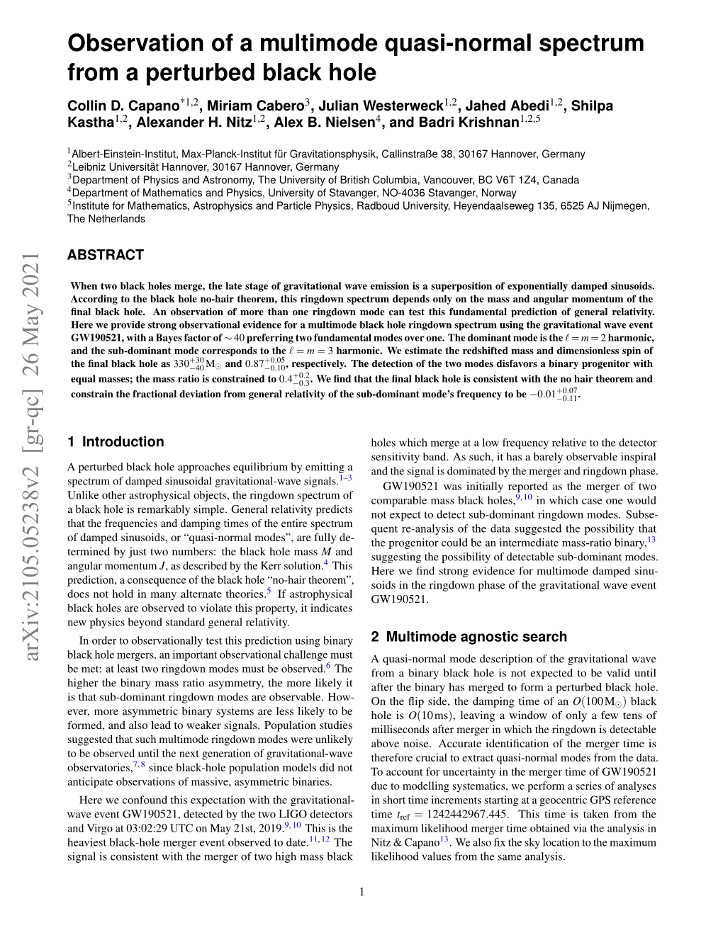 Arxiv:2105.05238V2 [Gr-Qc] 26 May 2021 a Quasi-Normal Mode Description of the Gravitational Wave 6 Be Met: at Least Two Ringdown Modes Must Be Observed