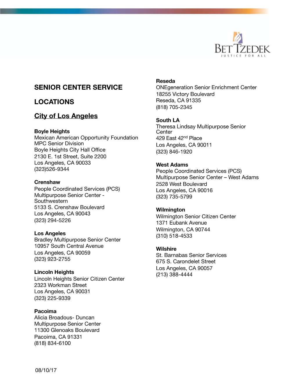 SENIOR CENTER SERVICE LOCATIONS City of Los Angeles