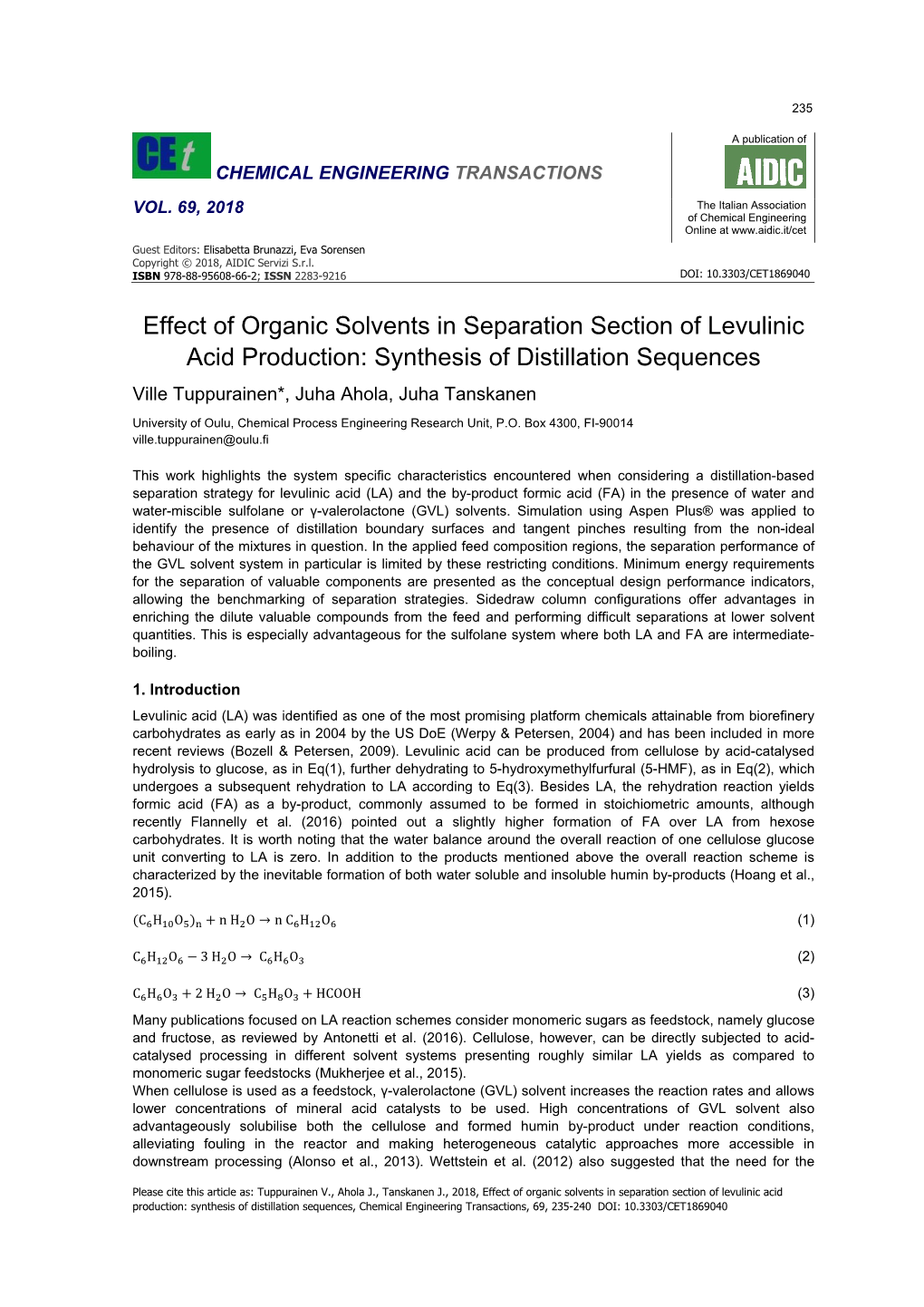 Effect of Organic Solvents in Separation Section of Levulinic