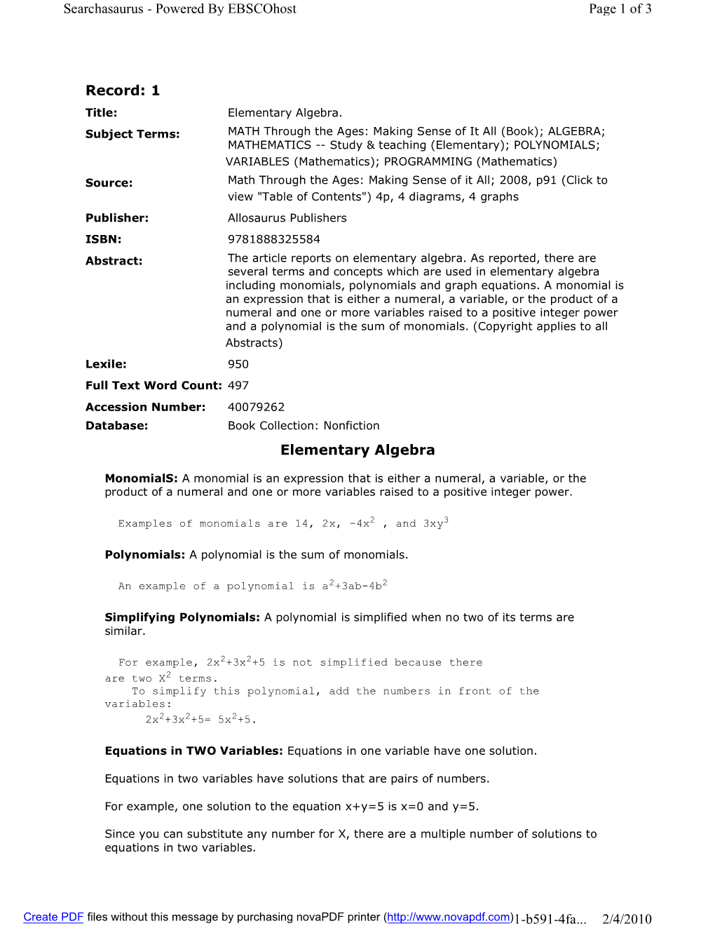 Record: 1 Elementary Algebra Page 1 of 3 Searchasaurus