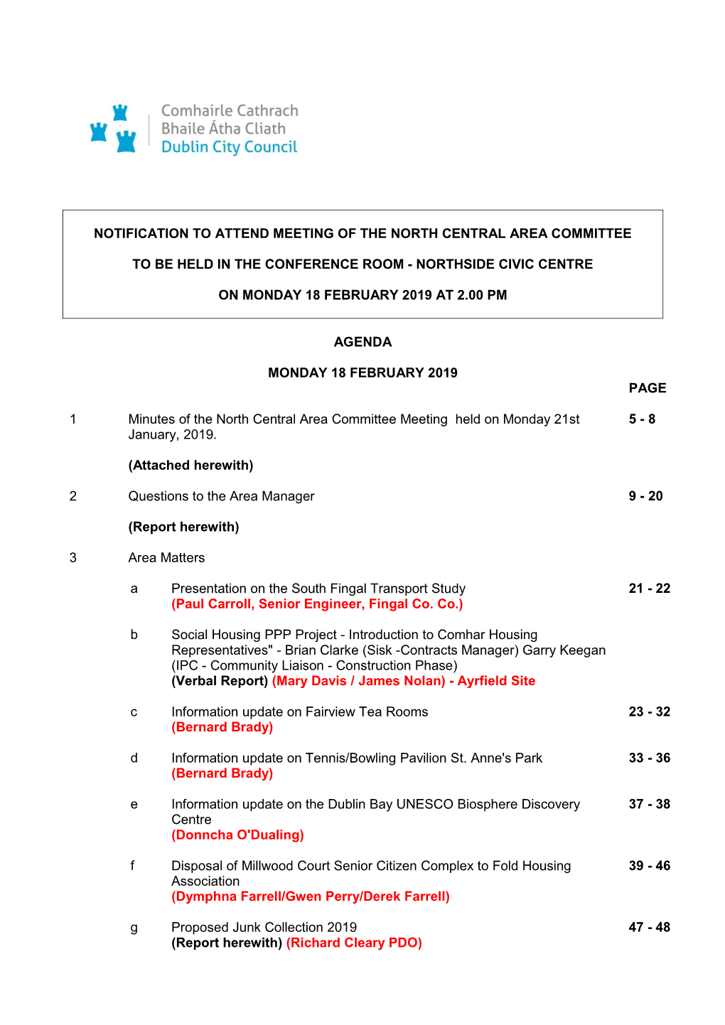 Agenda Document for North Central Area Committee, 18/02/2019 14:00