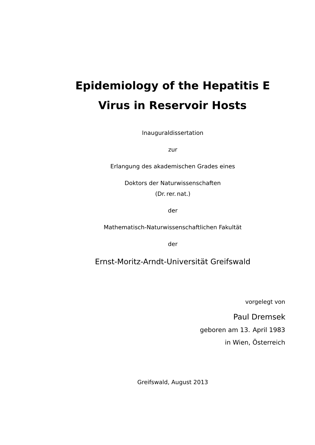 Epidemiology of the Hepatitis E Virus in Reservoir Hosts