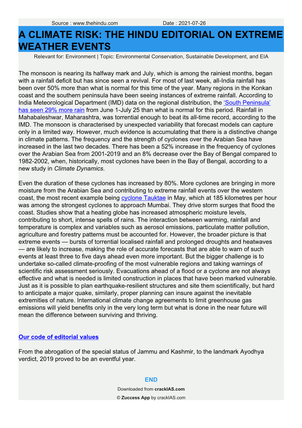 A CLIMATE RISK: the HINDU EDITORIAL on EXTREME WEATHER EVENTS Relevant For: Environment | Topic: Environmental Conservation, Sustainable Development, and EIA