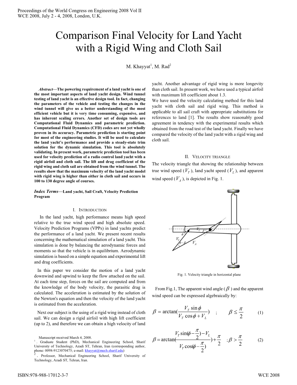 Comparison Final Velocity for Land Yacht with a Rigid Wing and Cloth Sail