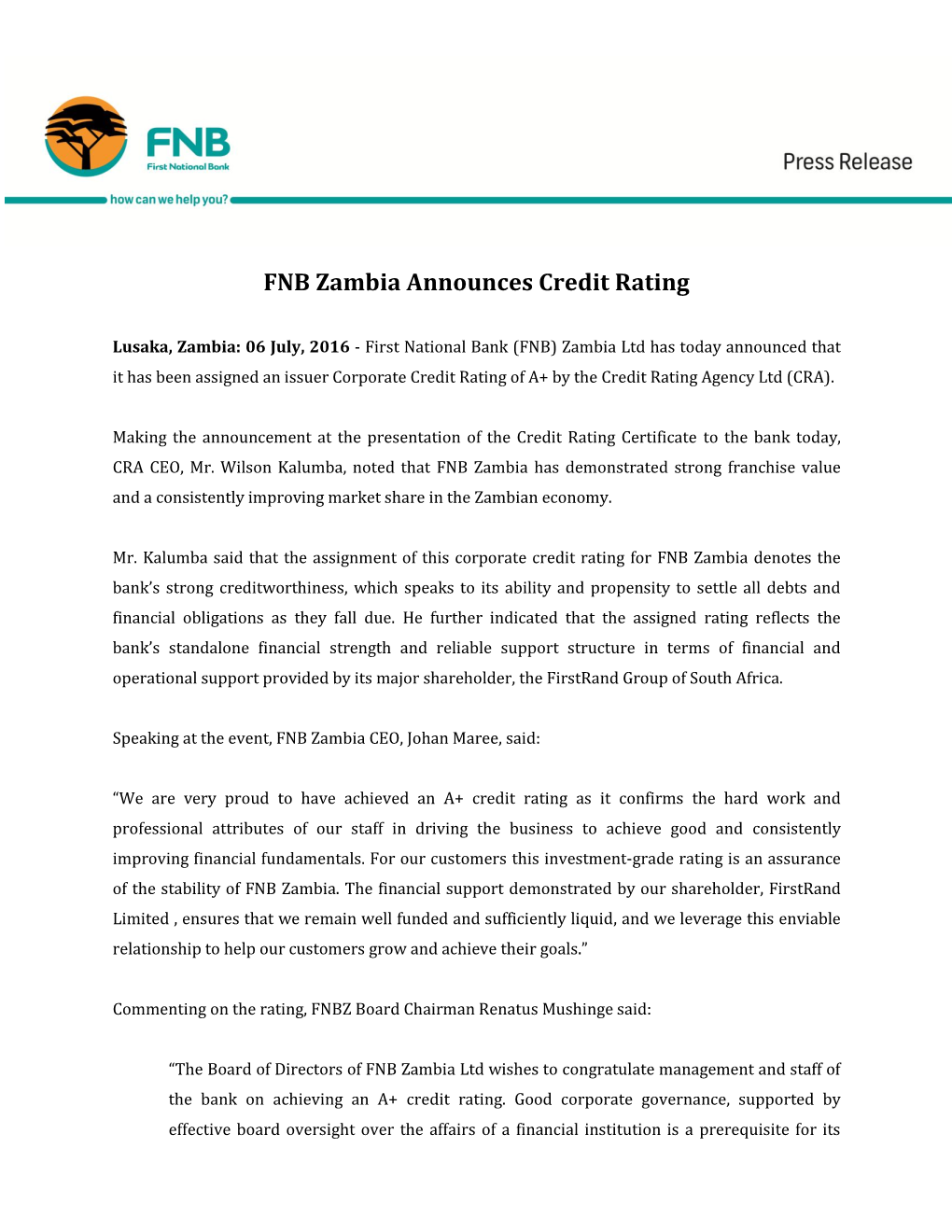 FNB Zambia Announces Credit Rating