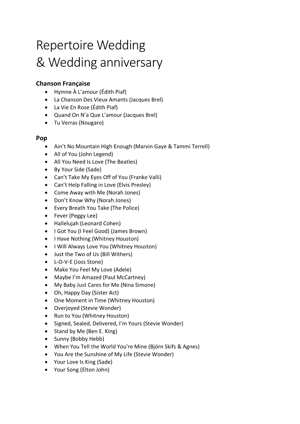 Repertoire Wedding & Wedding Anniversary