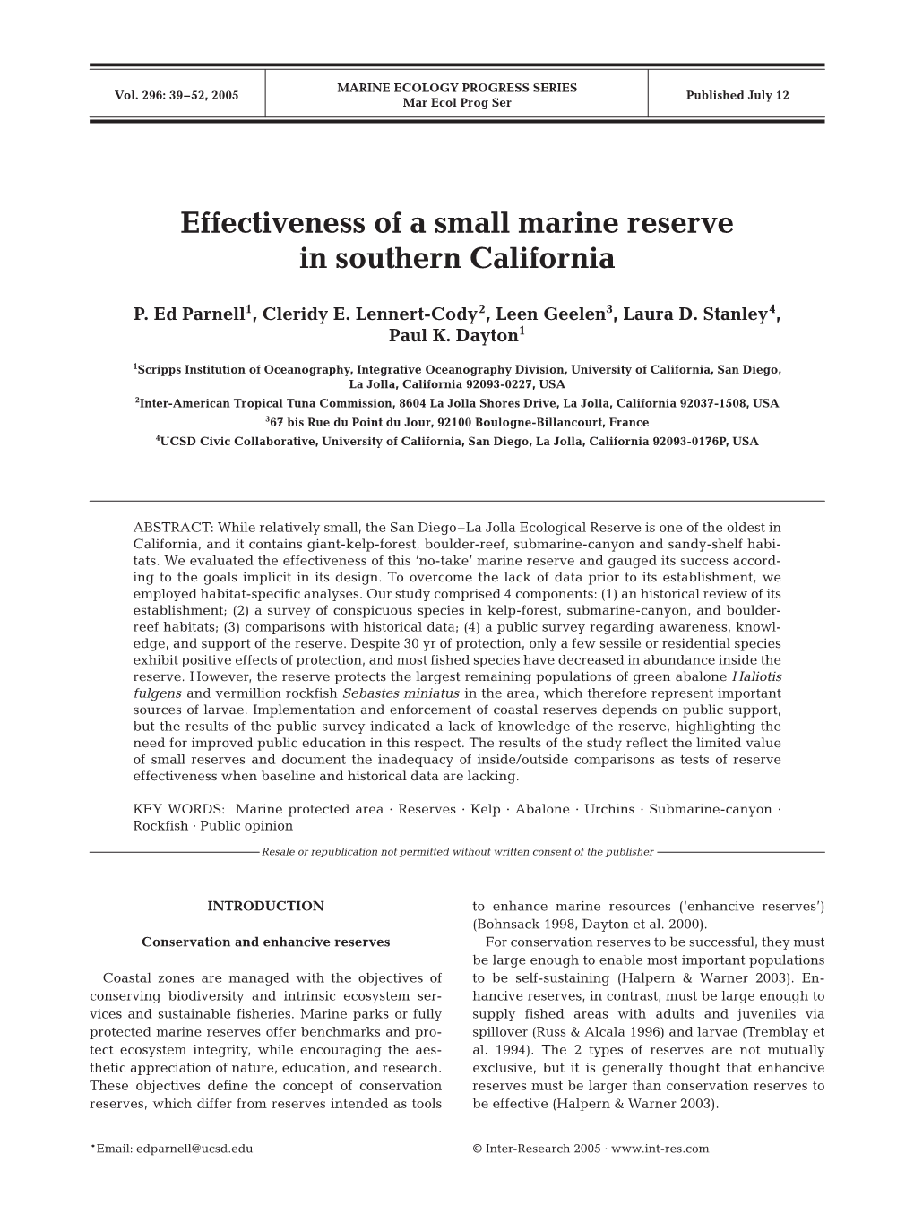 Effectiveness of a Small Marine Reserve in Southern California