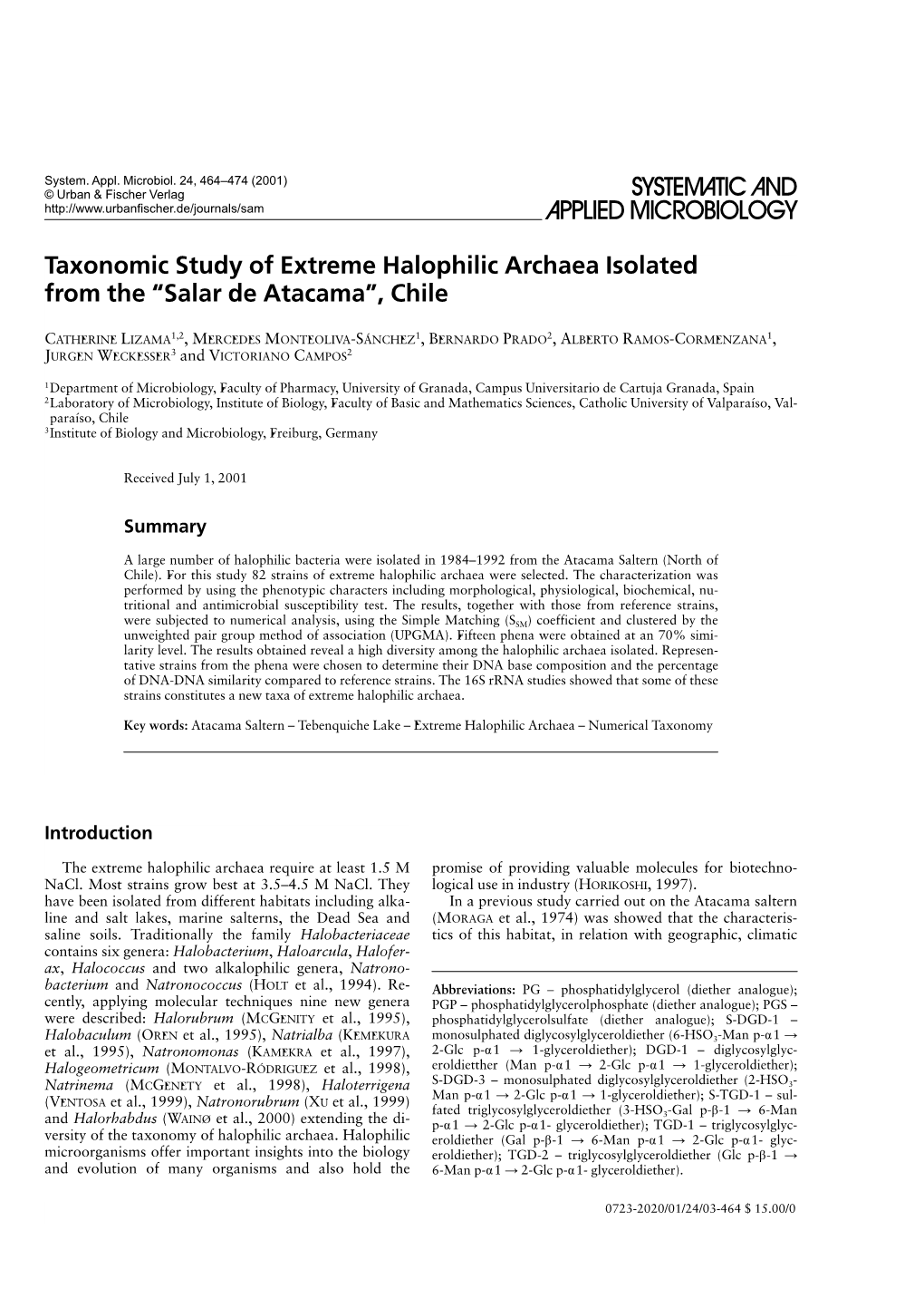 Taxonomic Study of Extreme Halophilic Archaea Isolated from the “Salar De Atacama”, Chile
