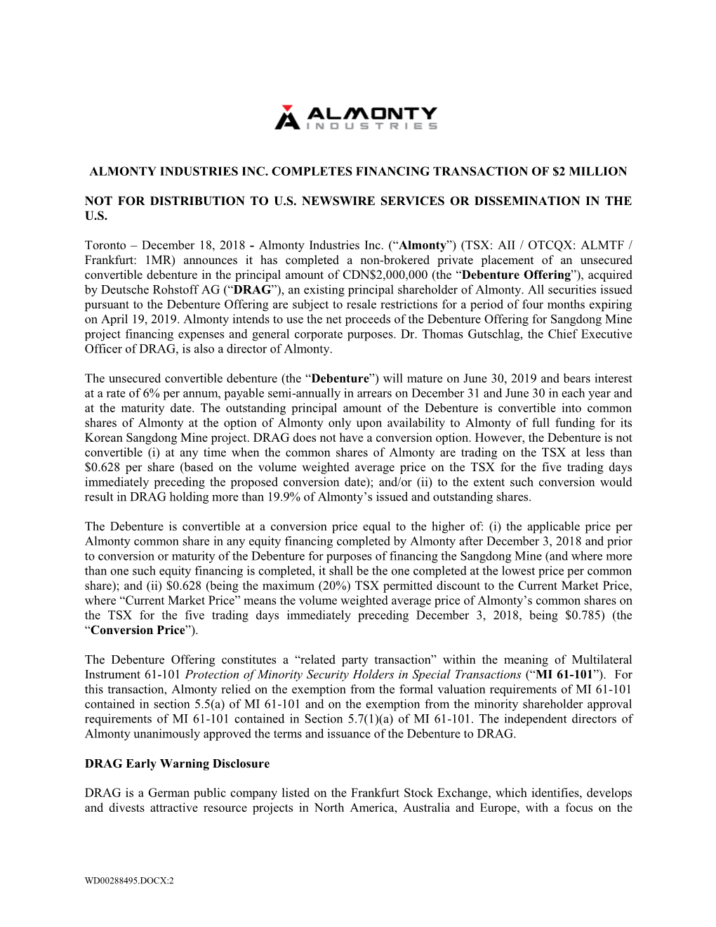 Almonty Industries Inc. Completes Financing Transaction of $2 Million Not for Distribution to U.S. Newswire Services Or Dissemin