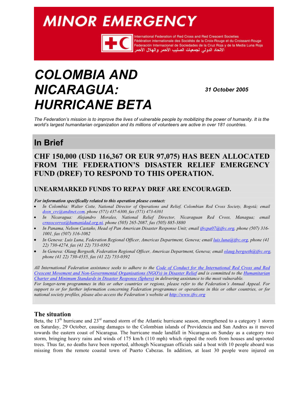 Colombia and Nicaragua: Hurricane Beta; Minor Emergency Bulletin No