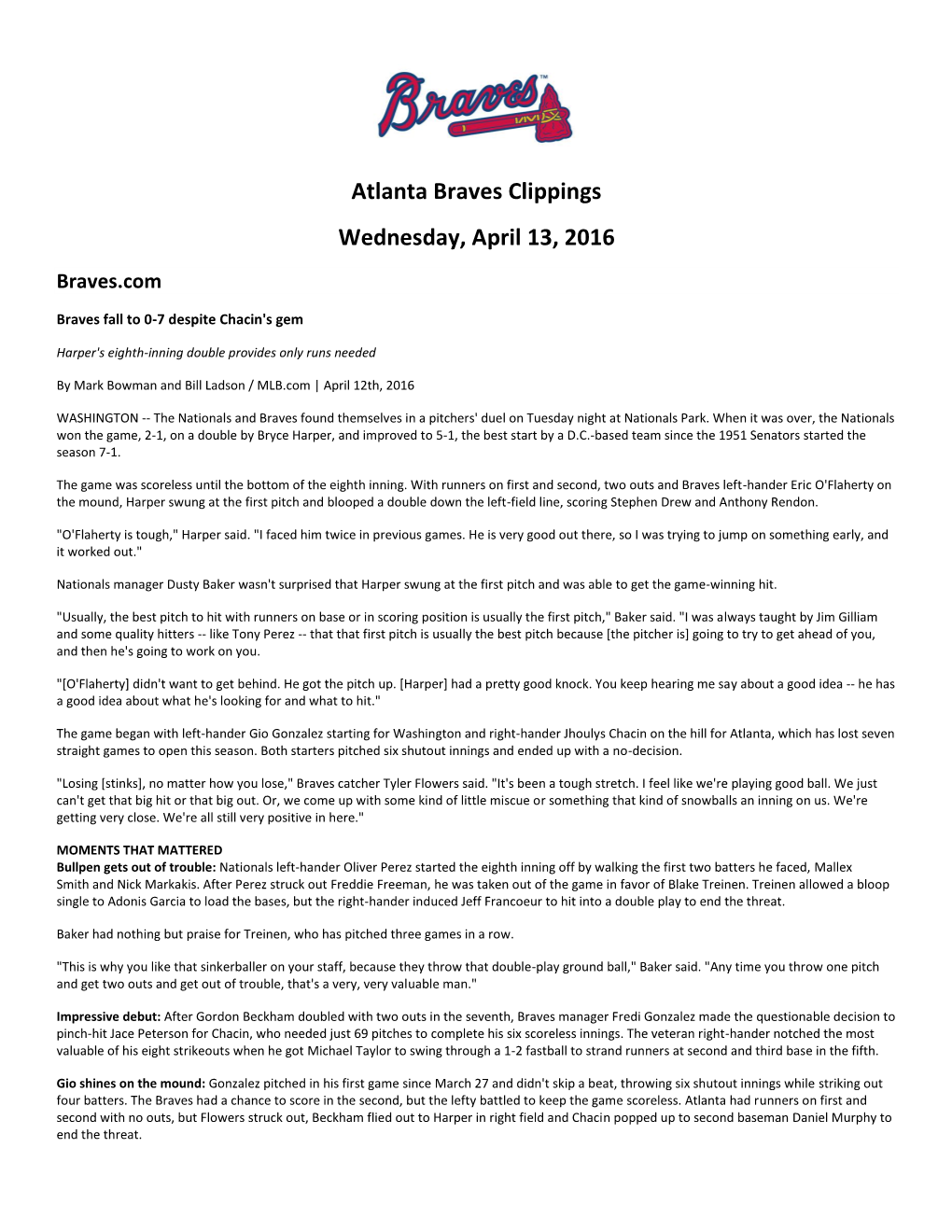 Atlanta Braves Clippings Wednesday, April 13, 2016 Braves.Com