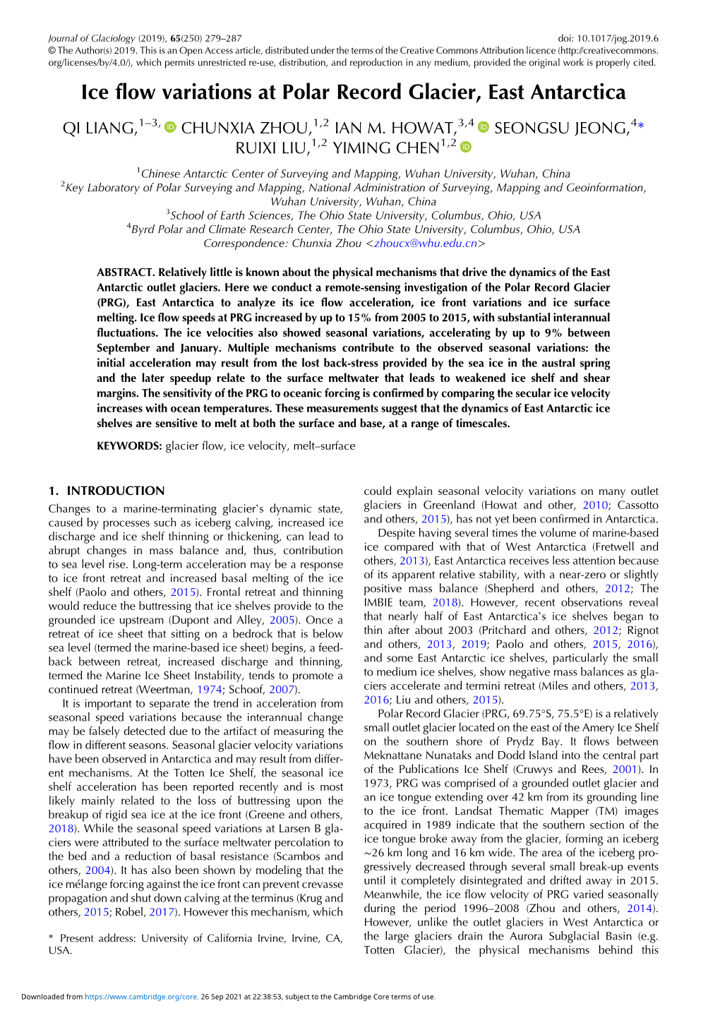 Ice Flow Variations at Polar Record Glacier, East Antarctica – QI LIANG,1 3, CHUNXIA ZHOU,1,2 IAN M